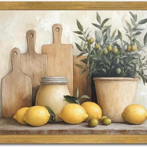 Wood Framed Vintage Kitchen Wall Art, Yellow Lemon Still Life Wall Decor Oil Paintings, Rustic Farmhouse Artwork Canvas Posters Prints Pictures for Living Room Bedroom Home Decor 8x10 Inch