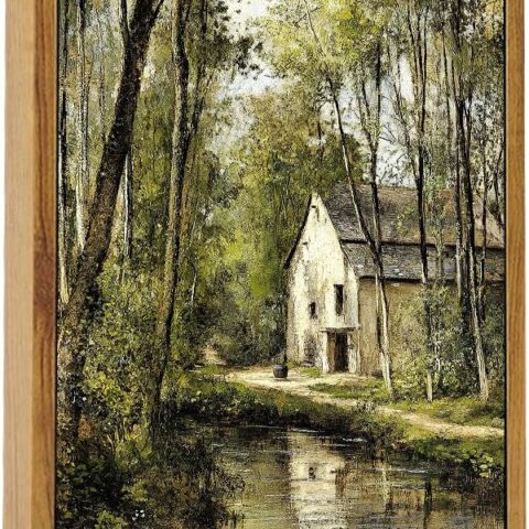 Farmhouse Wall Art 8x10 Inches Framed, Vintage Landscape Oil Painting - Woodland Forest Canvas Print, Rustic Botanical Decor for Living Room, Bedroom, Ready to Hang