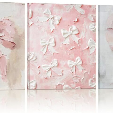 3 Pcs  Pink Bow Canvas Wall Decor Oil Painting Bow Wall Decor Prints Trendy Preppy Cute Art with Framed for Bedroom Bathroom Kitchen College 9.84 x 7.87 Inch